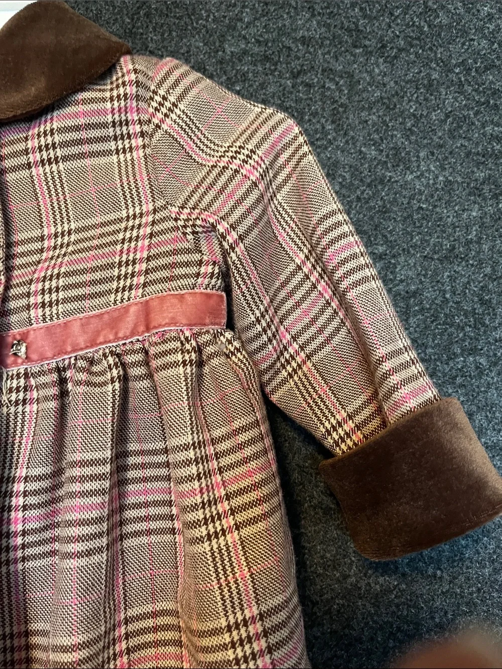 Little Bitty Plaid Lace-Trim Dress, Coat and Hat with Velvet Bow